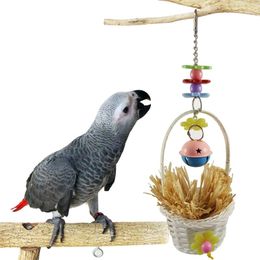 Other Bird Supplies Basket Toy Straw Holder Cage Decoration Accessories Hanging Container Toys Pet Parrot Chew With Large Bell