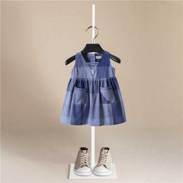 Baby Girl Dress 2021 Summer 100% Cotton Tops Sleeveless Dress Plaid Fashion Dress Baby Girl Cartoon Tops Dressd Q0716
