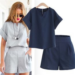 Women Summer Casual Cotton Linen V-neck short sleeve tops + shorts two piece set Female Office Suit Set Women's Costumes 210607