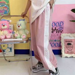 MINGLIUSILI Kawaii Wide Leg Pant Spring Fashion Rabbit Print Trousers Women Korean High Waist Pink Cute Casual Pants 210925