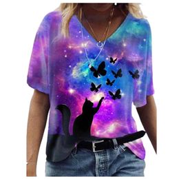 Butterfly 3D Tie Dye Print T Shirt Women Short Sleeve V-Neck Loose Tops Plus Size Casual Tee Lady Streetwear T-Shirt Summer 210517