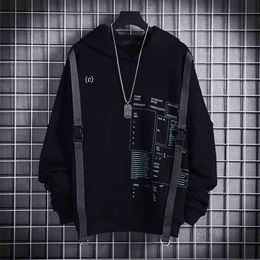 Ribbons Techwear Hip Hop Hooded Autumn Winter Hoodies Sweatshirts Men Sport Letter Casual Streetwear Black Male Pullover 210728