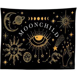 Tapestries Sun Moon Black By Ho Me Lili Tapestry Celestial Art Planet Stars Space Wall Hanging Home Decorations