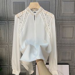 Women Lace Hook Flower Hollow Patchwork Blouse Half High Collar Long Sleeve Shirt Fashion Spring Summer 16F0722 210510