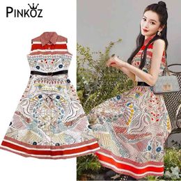 summer sleeveless retro printed red striped knee length dress for women office lady loose party designer with belt 210421