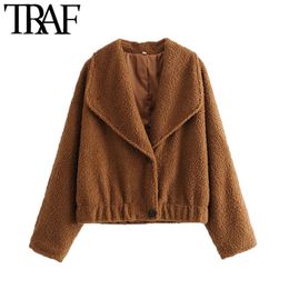 TRAF Women Fashion Faux Fur Loose Cosy Jacket Coat Vintage Long Sleeve Elastic Hem Female Outerwear Chic Teddy Overcoat 210415