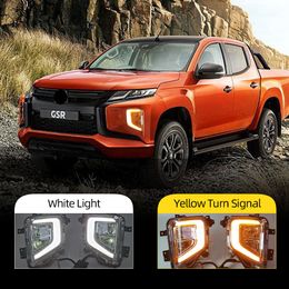 2PCS For Mitsubishi Triton L200 2019 2020 2021 LED DRL Daytime Running Lights Fog Lamp Cover with Yellow Turn Signal Lamp