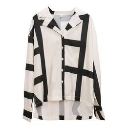 Geometric Print Black White Long Sleeve Top Women Chiffon Blouse Shirt Turn Down Collar B0466 210514