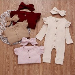 Baby Girl Clothes Pit Striped Toddler Girls Rompers Single Breasted Infant Jumpsuits Solid Ruffle Sleeve Baby Climbing Clothes BT4492