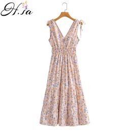 H.SA Strap Women Sexy Sleeveless Long Pleated Dresses Low V neck Backless Longo Robe Beach Style Floral Dress 210417