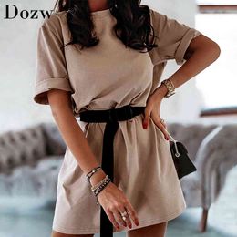 Women Summer Casual Sports T-shirt Dress With Belt Solid Home Loose Mini Dress O Neck Short Sleeve Leisure Dresses 210414