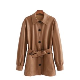 Vintage Woman Brown Loose PU Sashes Shirt Jacket Autumn Winter Fashion Ladies Thick Outerwear Female Casual Oversized Coats 210515