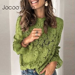 Jocoo Jolee Women Long Sleeve Lace Shirt Sexy O Neck Hollow Out Loose Blouses Elegant Solid Flare Sleeve Tops Autumn Clothing 210619