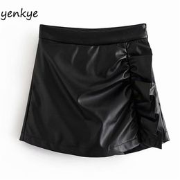 Vintage Black Faux Leather Culottes Women Side Zipper High Waist Sexy Shorts Mujer Summer Fashion Short femme spodenki damskie 210514