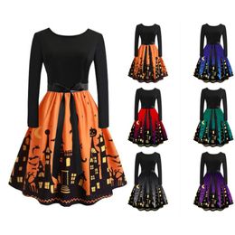 Tema kostym 6 färger Halloween Cosplay Kostymer för kvinnor Flickor Carnival Party Pumpa Print Elegant Masquerade Plus Size Evening Dress