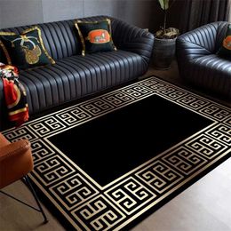 Premium Carpet Black Gold Pattern Foal Feather Fabric Washable Non-Slip Insole Antibacterial Living Room Rug el Lounge 211204