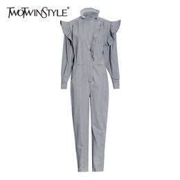 Elegant Patchwork Ruffle Jumpsuit For Women Stand Collar Long Sleeve Wide Leg Casual Loose Jumpsuits Female 210521