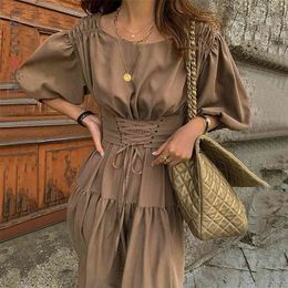 Summer Dress Round Neck Sashes Elegant Slim Lantern Sleeve Loose Fit Fashion 2H125 210526