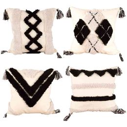 Boho Woven Tufted Black White Throw Pillow Case Morocan Textured Plaid Striped Geometric Pattern Decorative Square Cushion 85DB