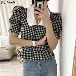 Women Blouses Korean Chic Summer Elegant Blusas Mujer Plaid Puff Short Sleeve Shirts Peter Pan Collar Slim Sweet Tops 210519