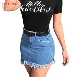 Jaycosin Brand New Women Skirt Casual Fashion Stretch High Waist Solid Mini Skirt Summer Button Denim Tassel Mini Pencil Skirts X0428