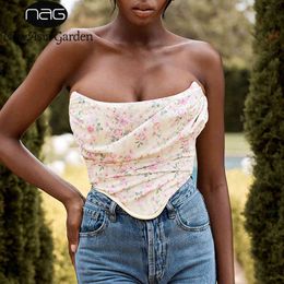 NewAsia Boned Floral Crop Top Women Ruched Off Shoulder Sexy Corset Vintage Sweet Print Tops Summer Backless Bustier New 210413