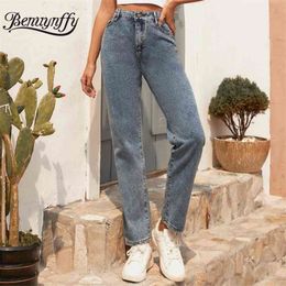 Streetwear Vintage Washed Jeans Women Spring Summer Button Fly Casual OL Female High Waist Long Pants 210510
