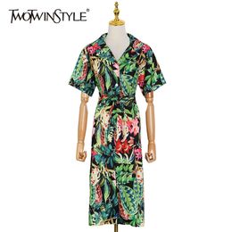 Vintage Print Floral Dress For Women Lapel Short Sleeve High Waist Sashes Slim Midi Dresses Female Summer 210520