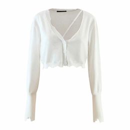 Women Sweet Solid Color V-neck Sweater Female Single-Breasted Long Sleeve Short Cardigan Chic Top 210520