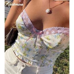 Rockmore Lace Patchwork Bow Y2K Cami Women Summer Sexy V-neck Spaghetti Strap Flower Printed Short Camisole Casual Nightclub Top 210407