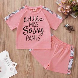 Autumn Children Sets Casual Long Sleeve O Neck Letter T-shirt Pink Patchwork Shorts 2Pcs Girls Clothes 0-24M 210629