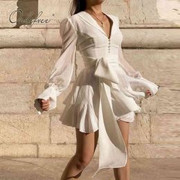 Summer Elegant Women Mini Long Sleeve Belted Ruffle White Tunic Beach Dress 210415