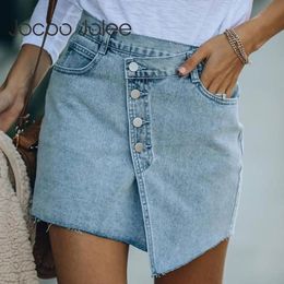 Jolee Jocoo Women Summer Casual Elegant Irregular A-Line Denim Skirt Pocket Bottons High Waist Sweet Solid Party Club 210428