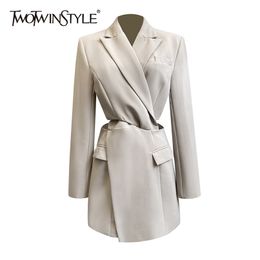 Hollow Out Twist Dress For Women Notched Long Sleeve High Waist Mini Blazer Dresses Female Autumn Fashion 210520