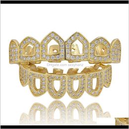 Grillz, Body Jewelry Drop Delivery 2021 Mens Hip Hop Grillz 2-Piece Set Luxury Bling Zircon Teeth Braces Fashion 18K Gold Rhodium Plated Geom