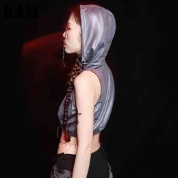 [EAM] Women Vinitage Silver Gray Drawstrign Short T-shirt Hooded Sleeveless Fashion Spring Summer 1DD8460 21512