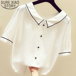 Fashion Summer Chiffon Blouse Short Sleeve Sweet Style Peter Pan Collar Tops Casual Women Clothing 5152 50 210415