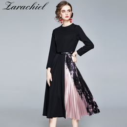 High Quality Print Patchwork Pleated Dress Autumn Winter Women O-neck Long Sleeves Sashes Midi Dresses Female Office Vestidos 210416