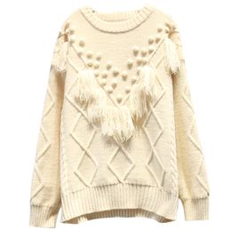 H.SA Women Winter Sweaters Oneck Ruffles Tassle Pull Sweater Green Yellow Knit Tops ugly christmas Pullover 210417