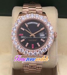 44mm Day Date A2813 Automatic Mens Watch Rose Gold Big Diamond Bezel Black Dial Diamonds Stick Markers Stainless Steel Bracelet Watches Timezonewatch E12a6
