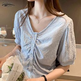 Pleated Short Sleeve Summer Chiffon Shirt Top Loose Women Shirts Blouses V-neck Office Casual White Blouse Femme Blusas12969 210508