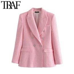 Women Fashion Double Breasted Tweed Check Blazer Coat Vintage Long Sleeve Pockets Female Outerwear Chic Veste 210507