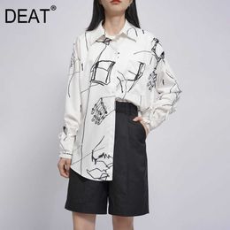 [DEAT] Spring Summer Fashion Shirt Loose Long Sleeve Single-breasted Turn-down Collar Printing Blouse Women 13Q349 210527