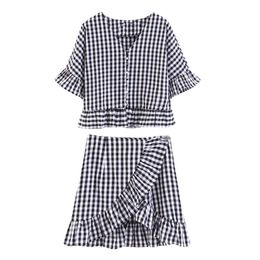 Black Plaid V Neck Half Sleeve Flare Pullover Single-breasted Mini Ruffle Skirt Two Piece Set T0075 Summer 210514