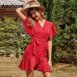 Summer Women Elegant Dot Print Mini Dresses Boho Ruffles Short Sleeve Sashes Female V Neck A Line Chic Party Dress 210413