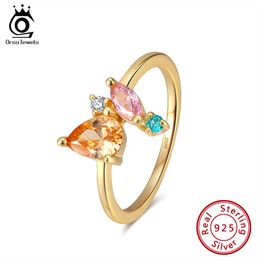 colored rings UK - Sterling Silver 925 Multi-colored Stone Finger Rings For Women Various Shapes Zircon Gold Plated Jewelry SR206 Cluster