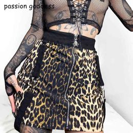 New Fashion 2021 Plus Size Women Sexy Street Wear Leopard Print Short Skinny Pencil Skirt Strap Skull Zipper Bodycon Mini Skirt X0428