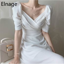 Korean Chic Slim V Neck Puff Short Sleeve White Chiffon Dress for Women A Line Elegant Midi Summer Pink Robe Femme 5B417 210429