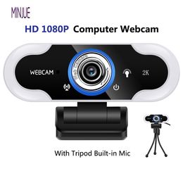 HD 1080P cam Microphone PC Drive-Free USB Web Cam Computer Camera With LED Ring Fill Light Live Video