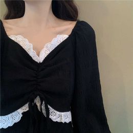 Black Dres Puff Sleeve Vintage Elegant Casual Lace Retro Fashion Korean High Waist Autumn Women's Clothing 210604